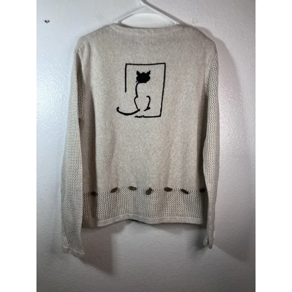 VTG Y2K Christopher & Banks Cat Sweater Women's Large Ivory Ramie Cotton - Picture 7 of 14